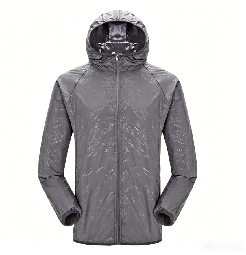 Unisex hooded sun protection jacket, dark gray with full zip and elastic cuffs