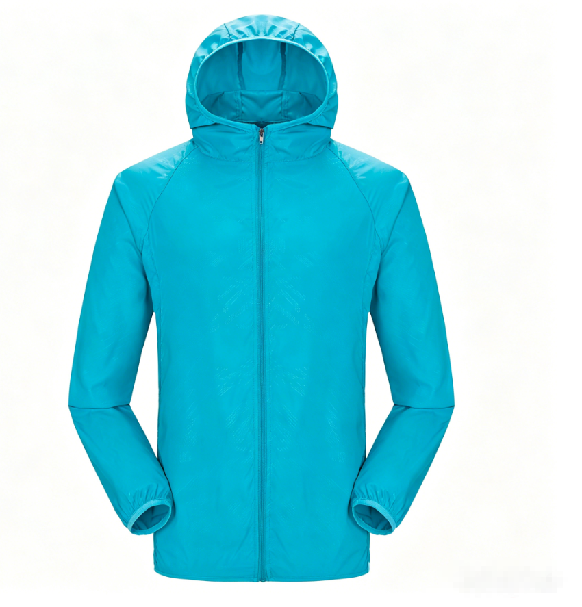 Unisex hooded sun protection jacket, teal blue with full zip and elastic cuffs