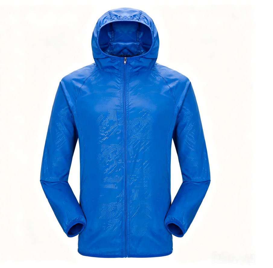 Unisex hooded sun protection jacket, bright blue with full zip and elastic cuffs
