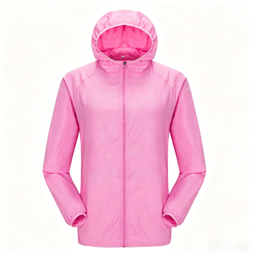 Unisex hooded sun protection jacket, light pink with full zip and elastic cuffs