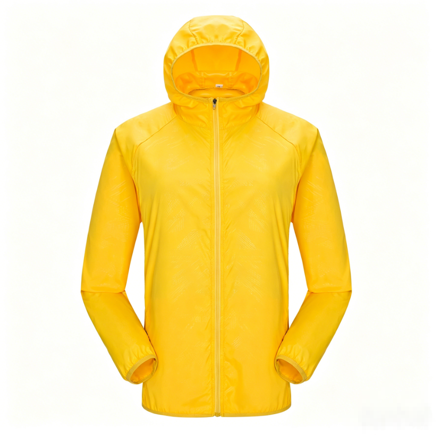 Unisex hooded sun protection jacket, yellow with full zip and elastic cuffs