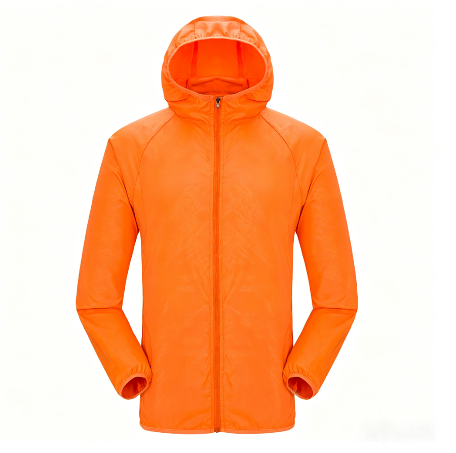 Unisex hooded sun protection jacket, orange with full zip and elastic cuffs