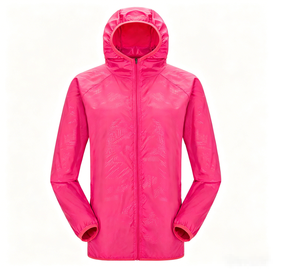 Unisex hooded sun protection jacket, magenta pink with full zip and elastic cuffs