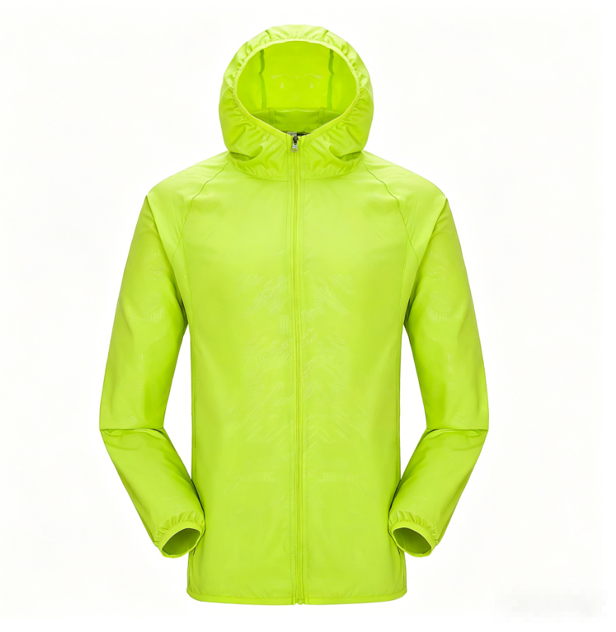 Unisex hooded sun protection jacket, neon lime green with full zip and elastic cuffs
