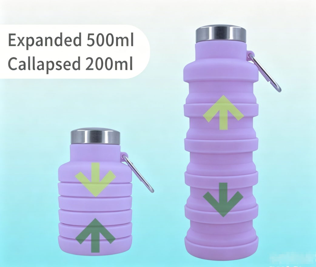 Collapsible silicone water bottle, purple, with arrows showing expanded vs collapsed size