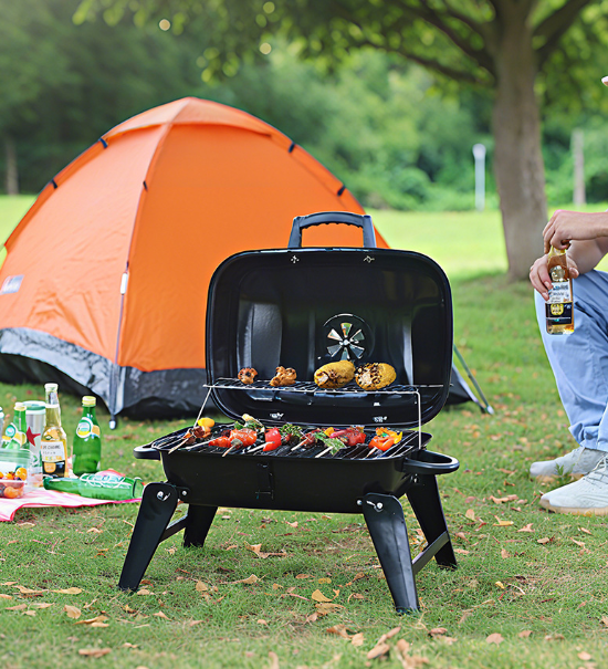 Black portable foldable charcoal grill with lid open, cooking grate and heat shield