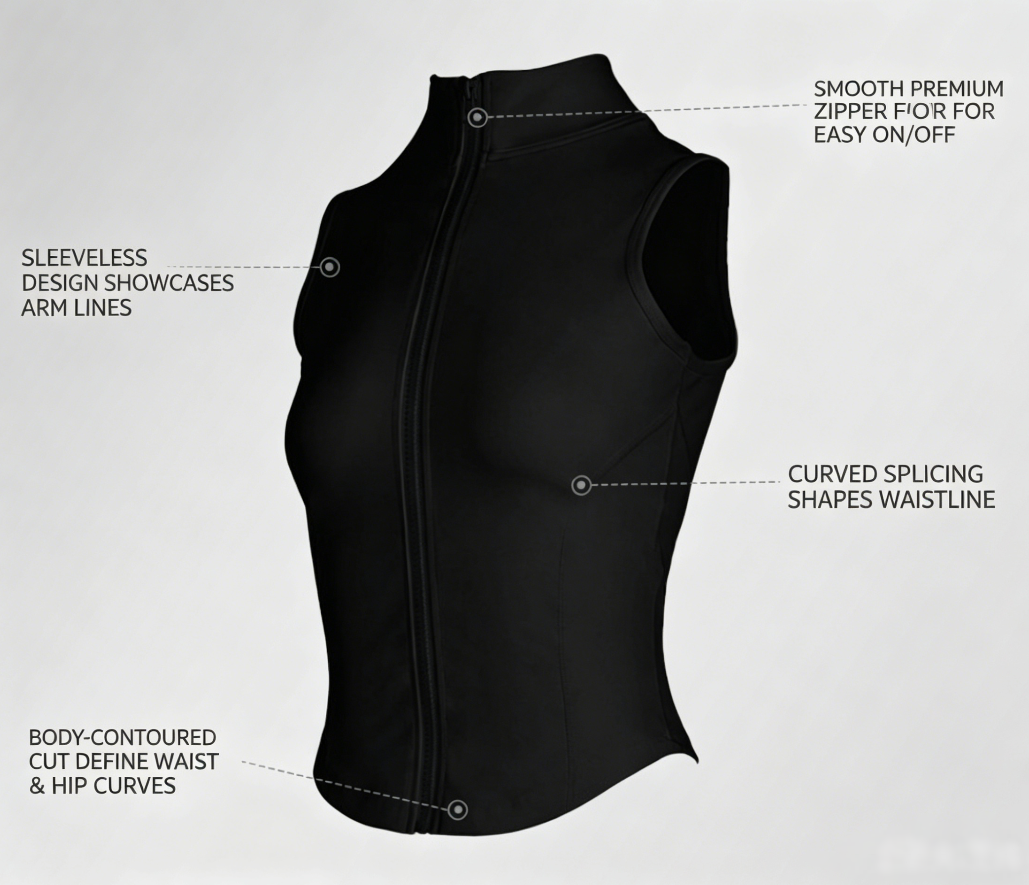 Black sleeveless zip running tank top flat lay with front zipper and contoured seams