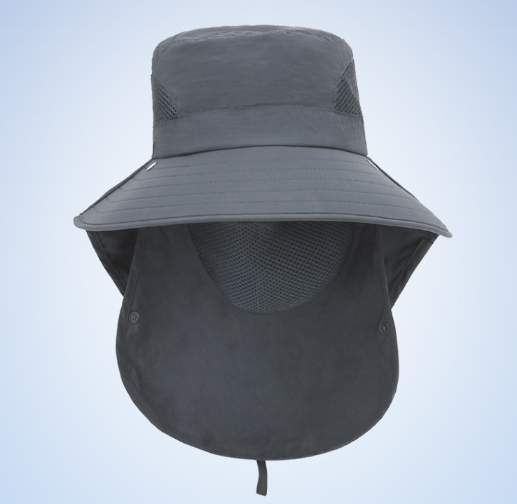 Gray wide-brim sun hat with mesh face panel and chin protector