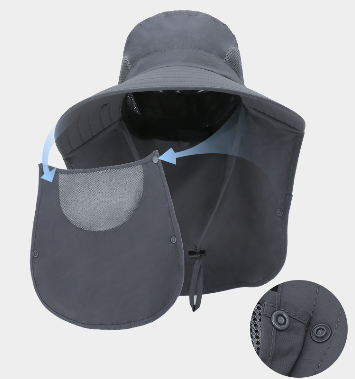 Gray sun hat with mesh face flap and adjustable chin straps