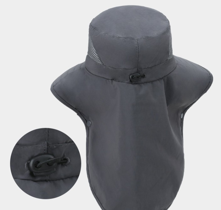 Gray fisherman hat with chin drawcord and back ventilation panel