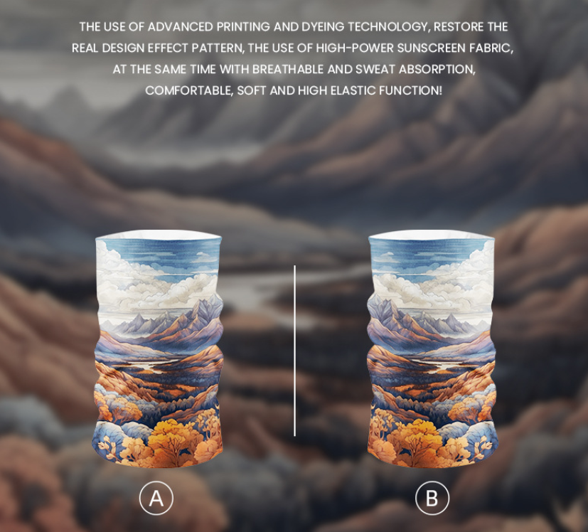 Seamless stretch outdoor face mask tube with mountain landscape print in blue tones