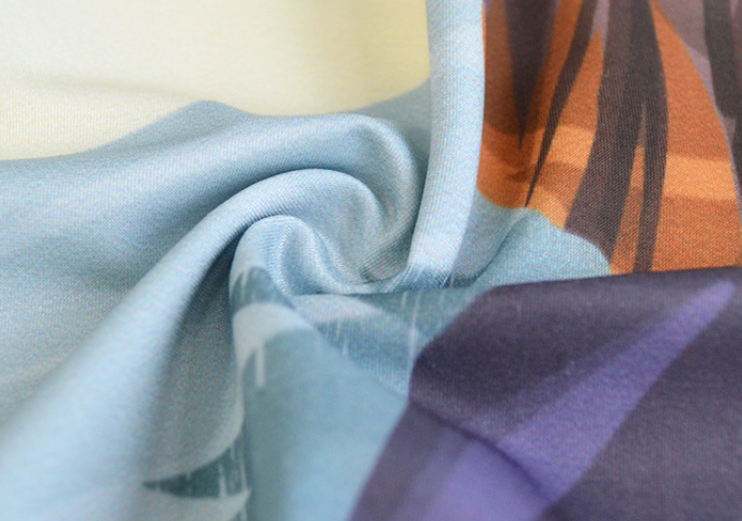 Seamless stretch outdoor face mask fabric close-up, blue and purple knit texture