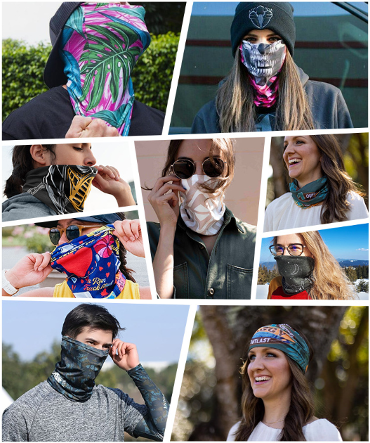 Colorful printed face mask coverings shown on people from different angles