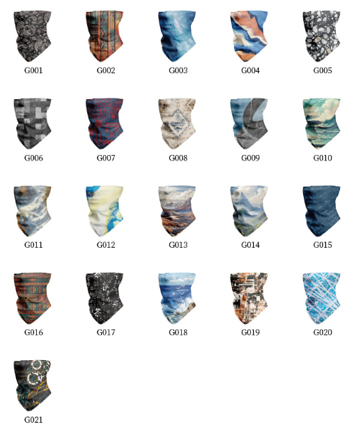 Assorted printed seamless face mask designs with color codes G001–G020