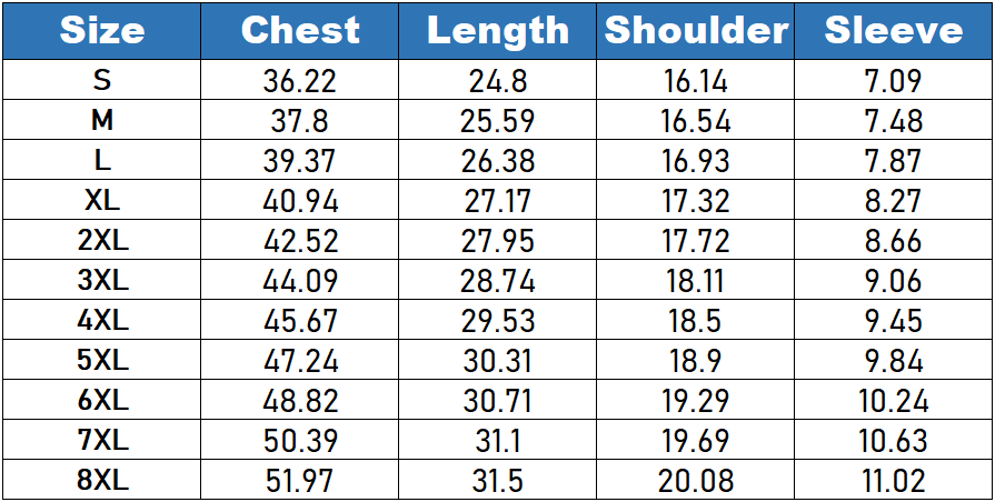 Men's polo shirt size chart: chest, length, shoulder, and sleeve for S–8XL.