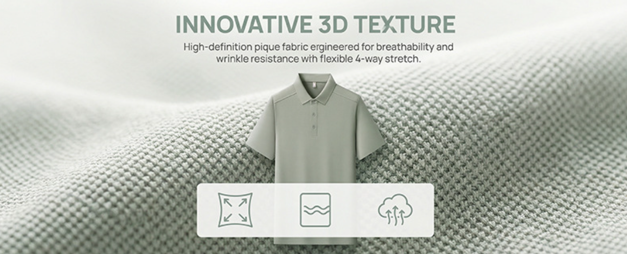 Men's polo shirt with 3D textured fabric look and short button placket and collar.
