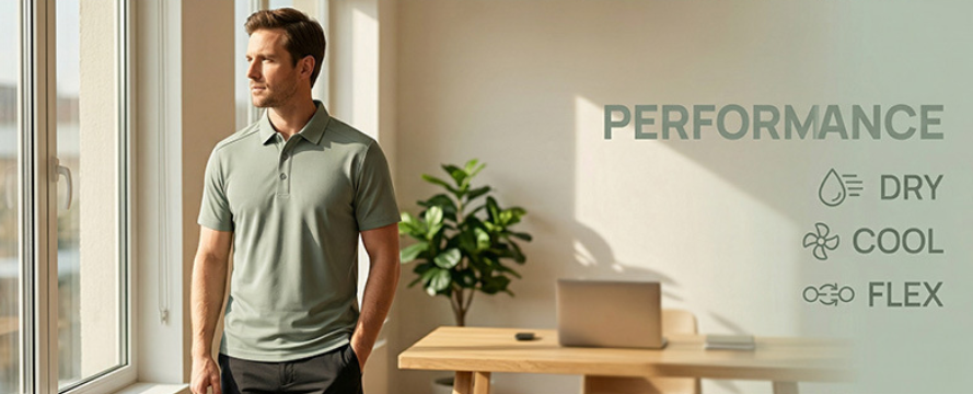 Men's polo shirt on model, light green short sleeve with button placket and collar.
