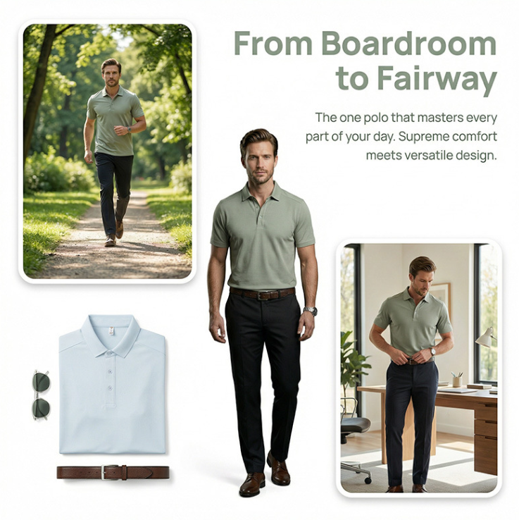 Men's polo shirt in pale blue with short sleeves, button placket, and folded collar.