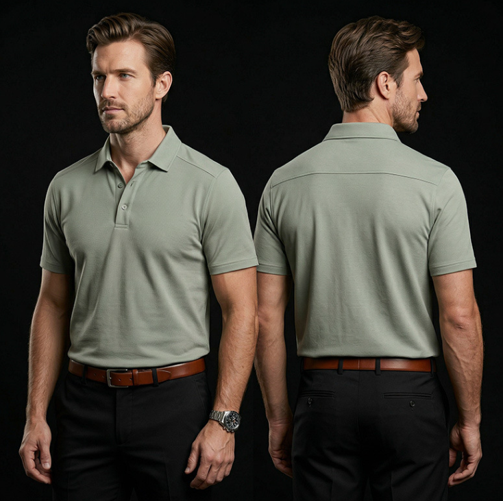 Men's polo shirt, short sleeves, sage green; back view with folded collar.