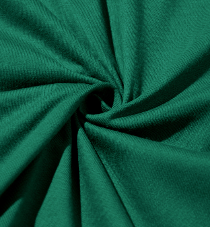 Men's green crew neck tee fabric close-up with folded cotton texture