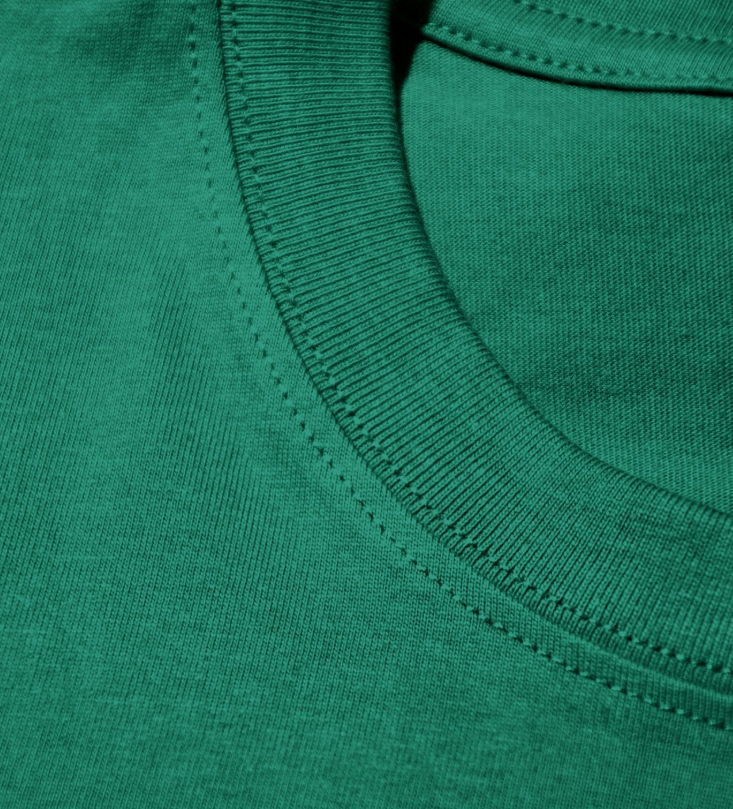 Men's green crew neck tee collar seam and neckline stitching detail