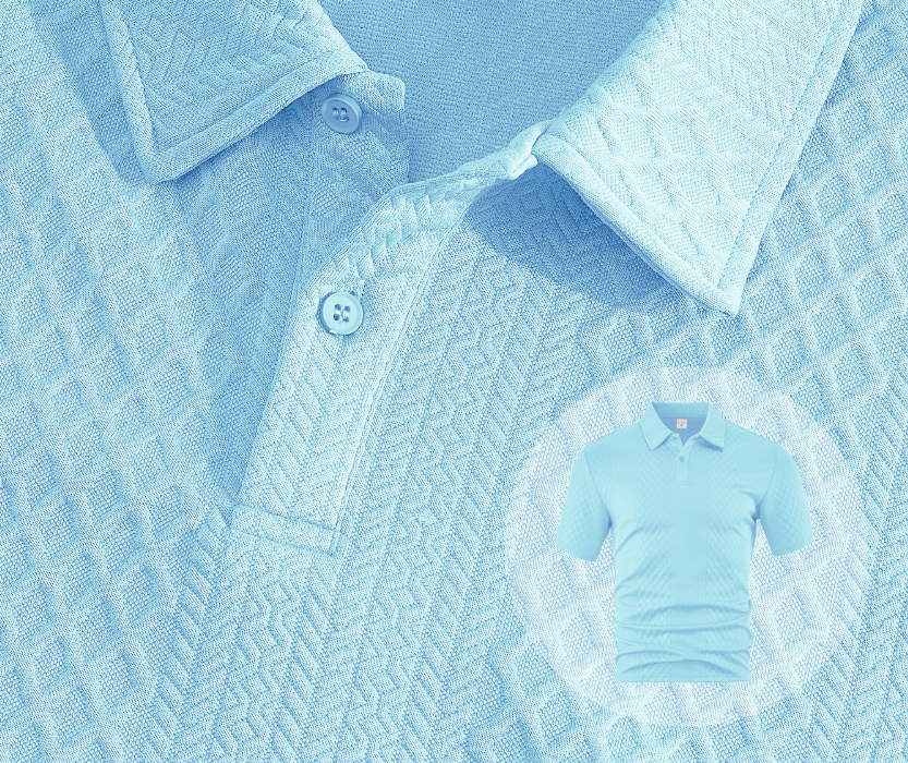 Sky blue textured polo shirt detail with button placket and collar
