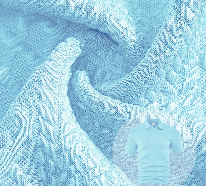 Sky blue textured knit fabric with polo shirt collar and placket