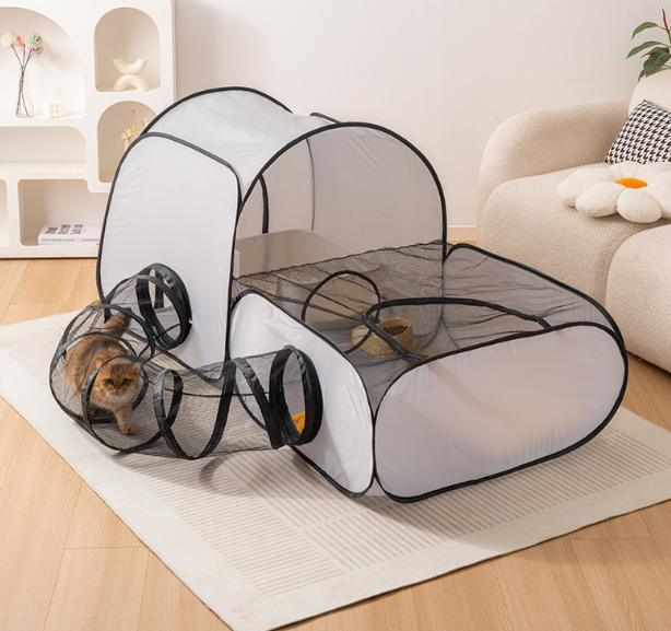 Gray foldable pet playpen with tunnel and mesh panels for indoor cats.