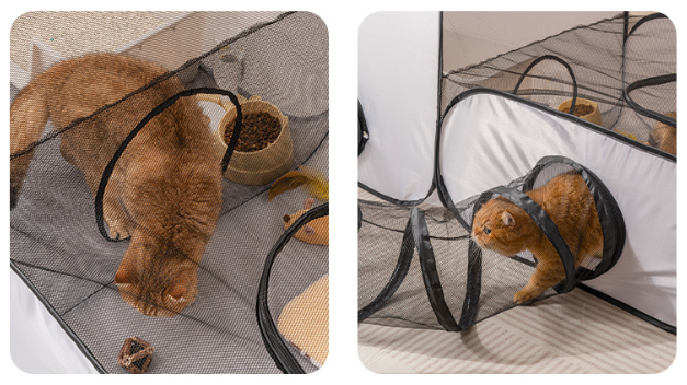 Gray mesh pet playpen with tunnel, showing cat and side entrance view.