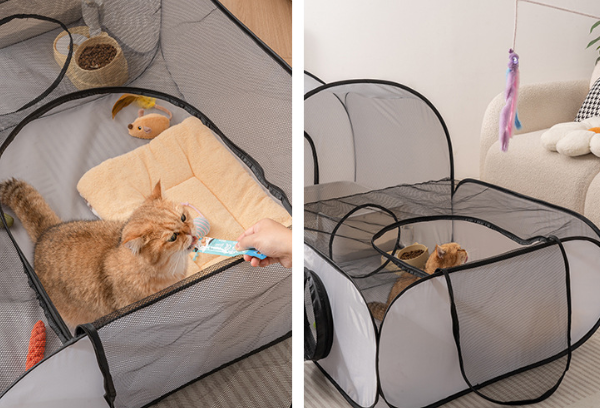Gray mesh pet playpen with tunnel, cat relaxing and playing near toys.