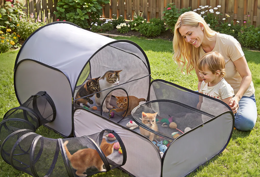 Gray outdoor foldable pet playpen with tunnel compartments and toys; cats inside.