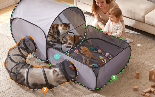 Gray foldable pet playpen with two tunnel openings and enclosed play area for pets