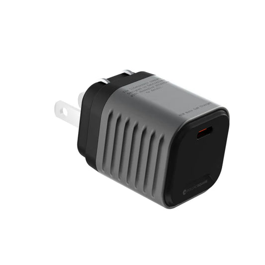 Compact black USB-C wall charger with ribbed design and two-prong power plug