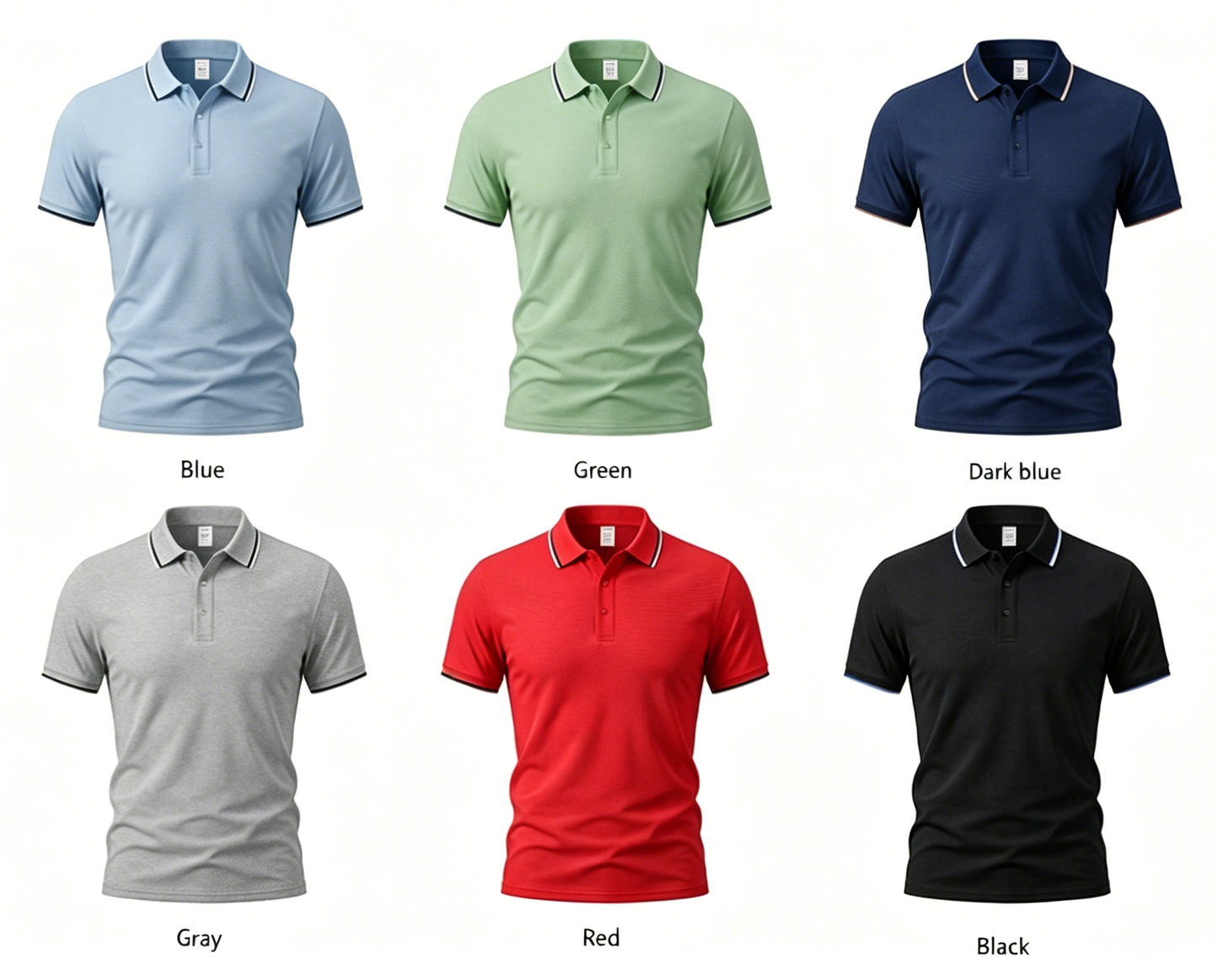 Collection of short-sleeve polo shirts in blue, green, navy, gray, red, and black.