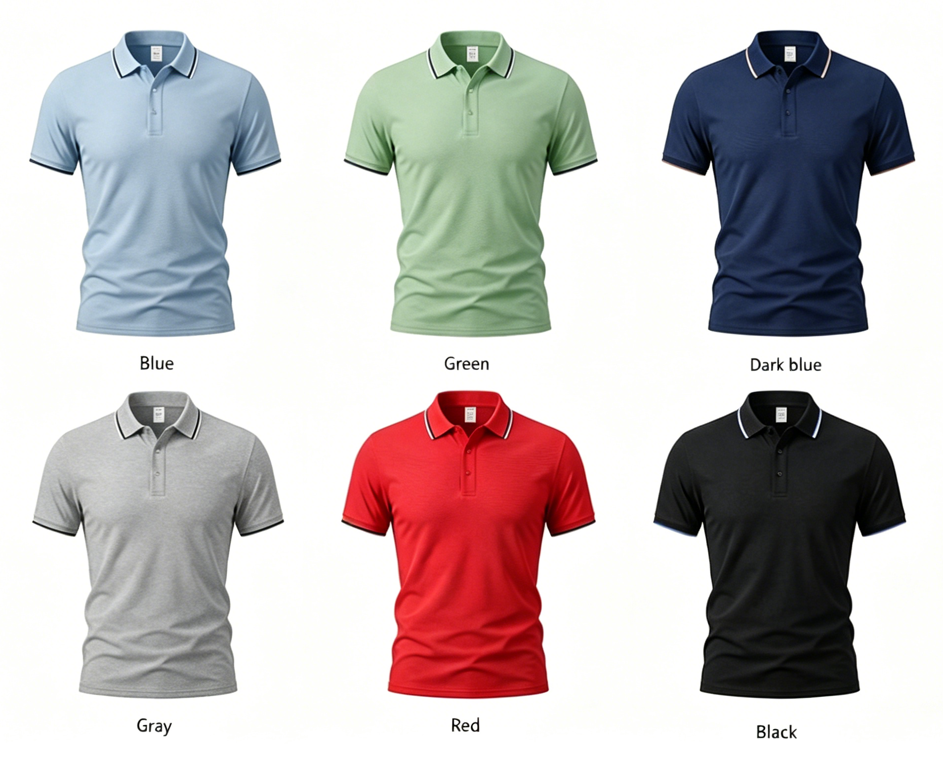 Collection of short-sleeve polo shirts in blue, green, navy, gray, red, and black.