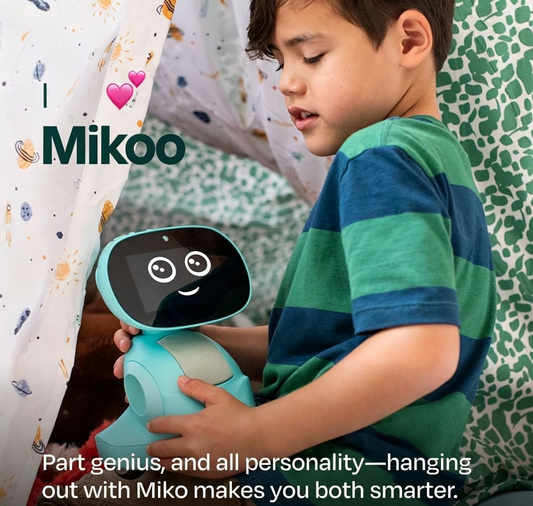 Teal kids AI educational robot held by a child, black face screen with friendly eyes