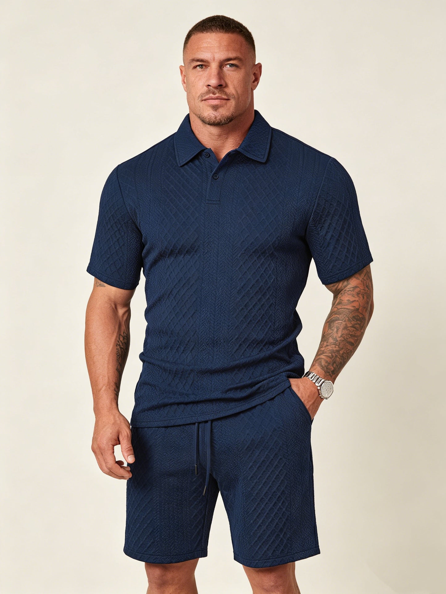 Lightweight textured polo and shorts set, navy polo with matching shorts