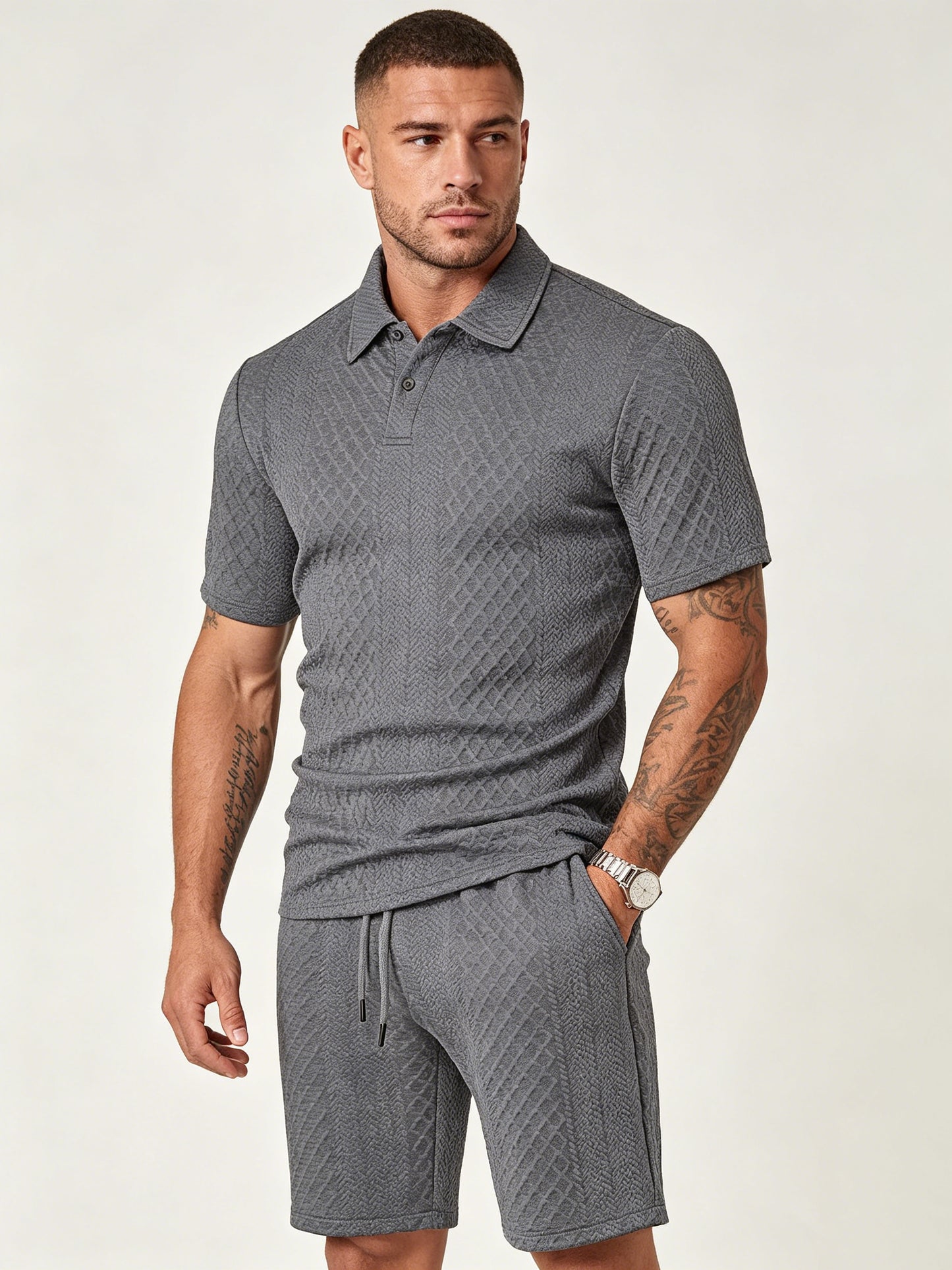 Men's textured polo and matching shorts set in dark gray, short-sleeve button-front polo