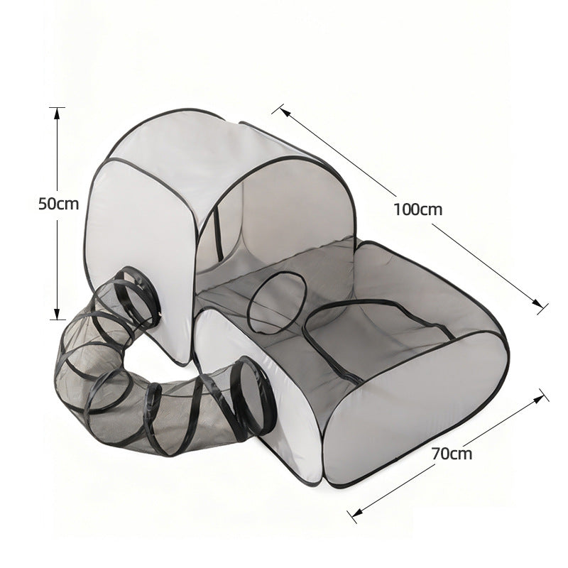 Gray foldable pet playpen with tunnel—size diagram (50cm/100cm/70cm).