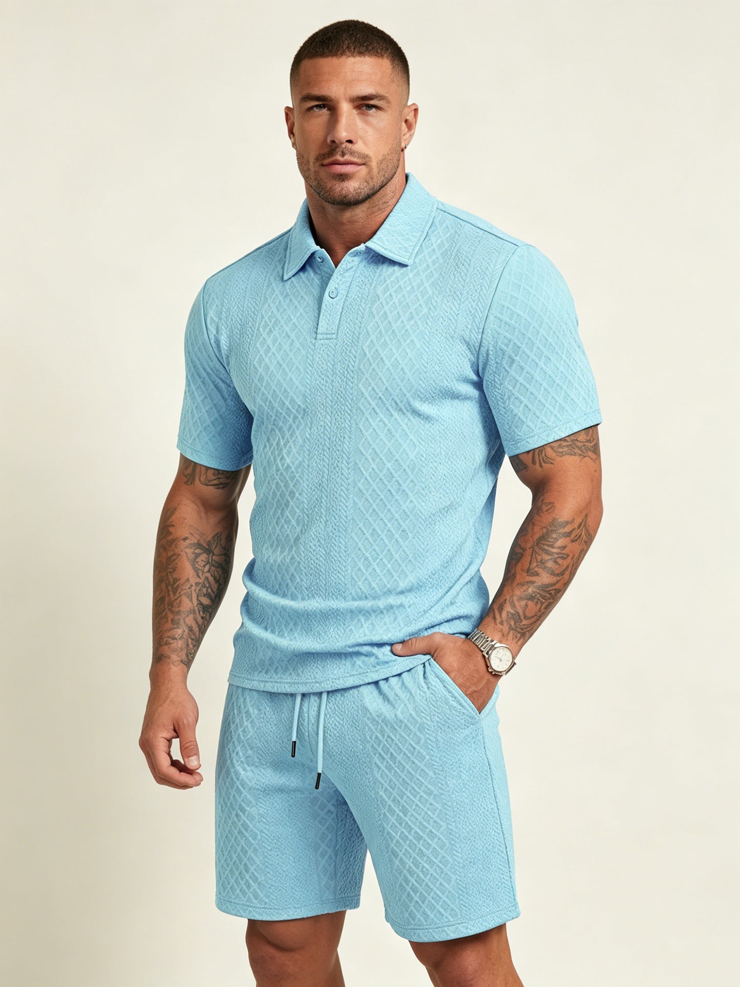 Men's textured polo and matching shorts set in sky blue, short-sleeve button-front polo