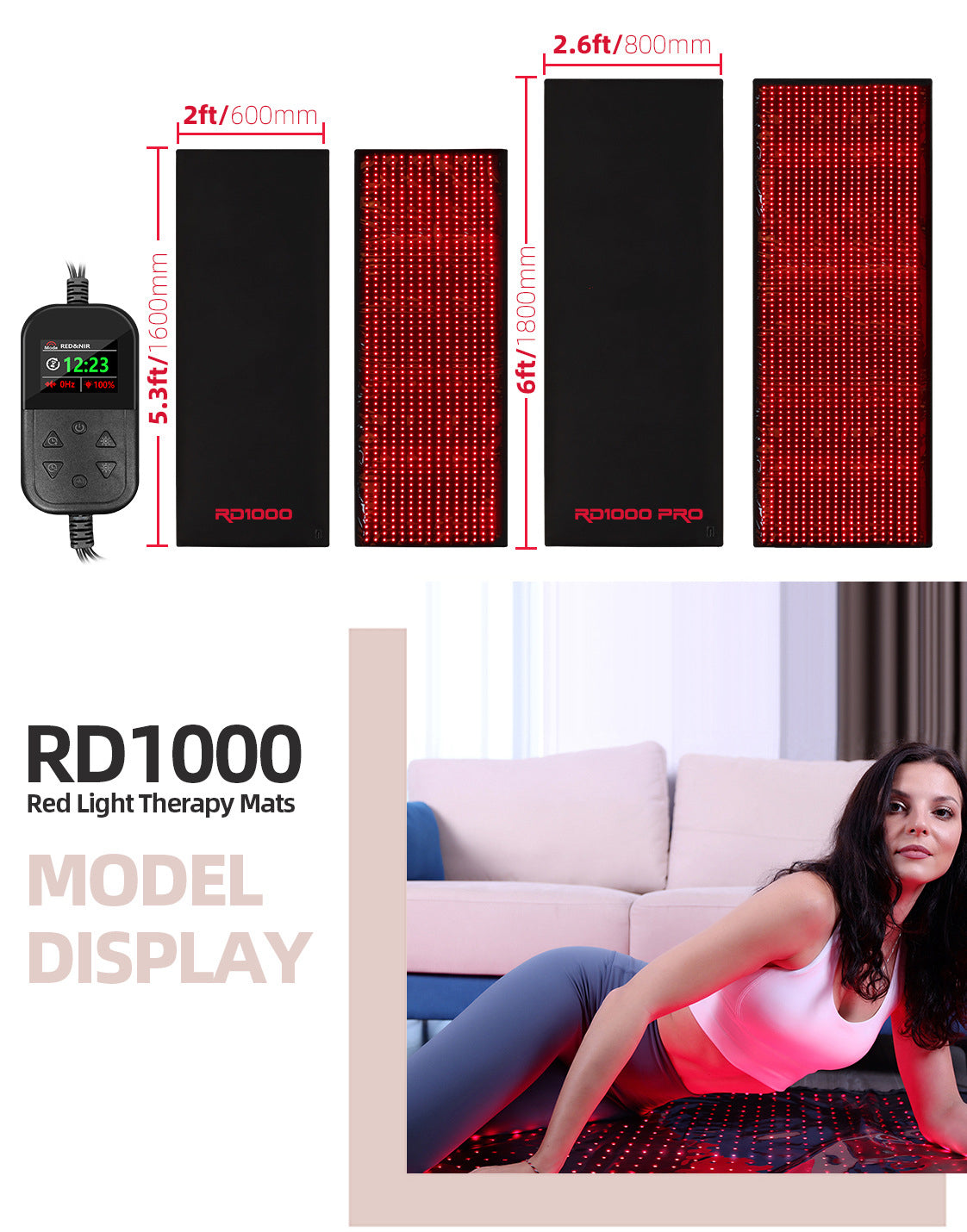Black infrared light therapy mat with red LED panels and controller remote