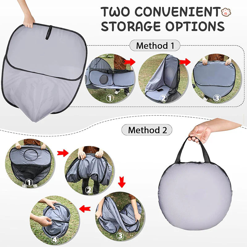Gray foldable pet playpen with mesh tunnel, shown open for setup and storage.