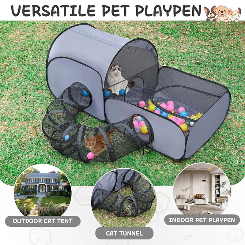 Gray 3-in-1 pet playpen with tunnel, tent shape and mesh play area on grass.