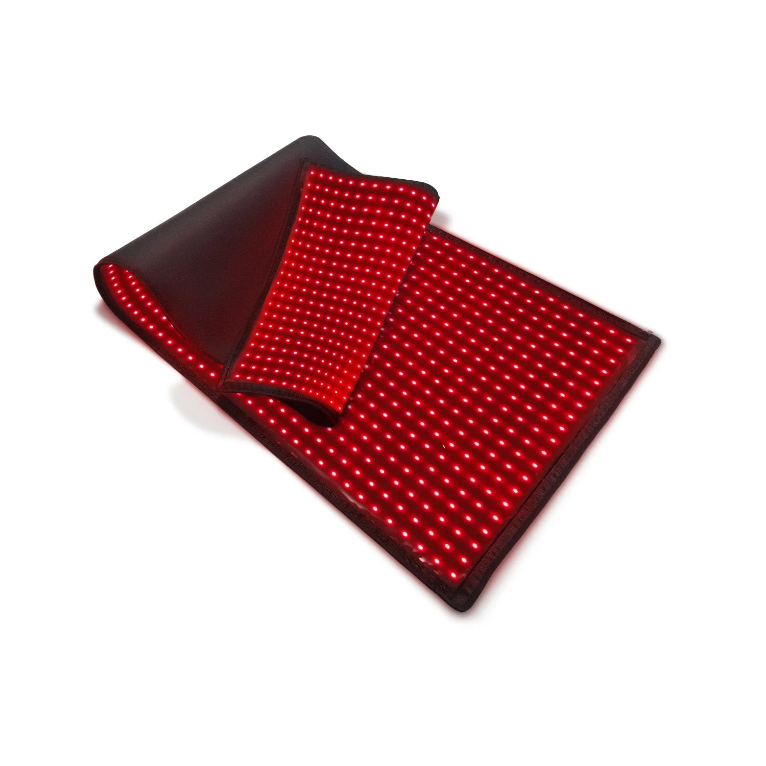 Folded black infrared light therapy mat with bright red LED panel lighting