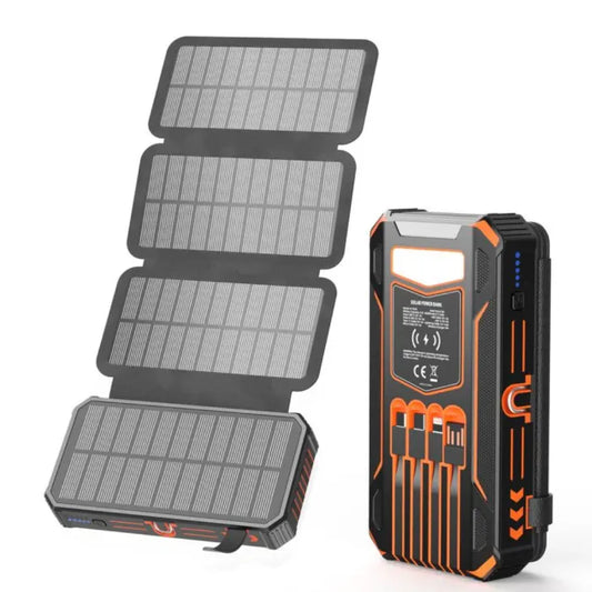 Black foldable solar power bank with four grey segmented solar panels