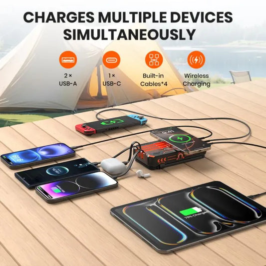 Black and orange solar power bank with multiple ports and cables charging phones