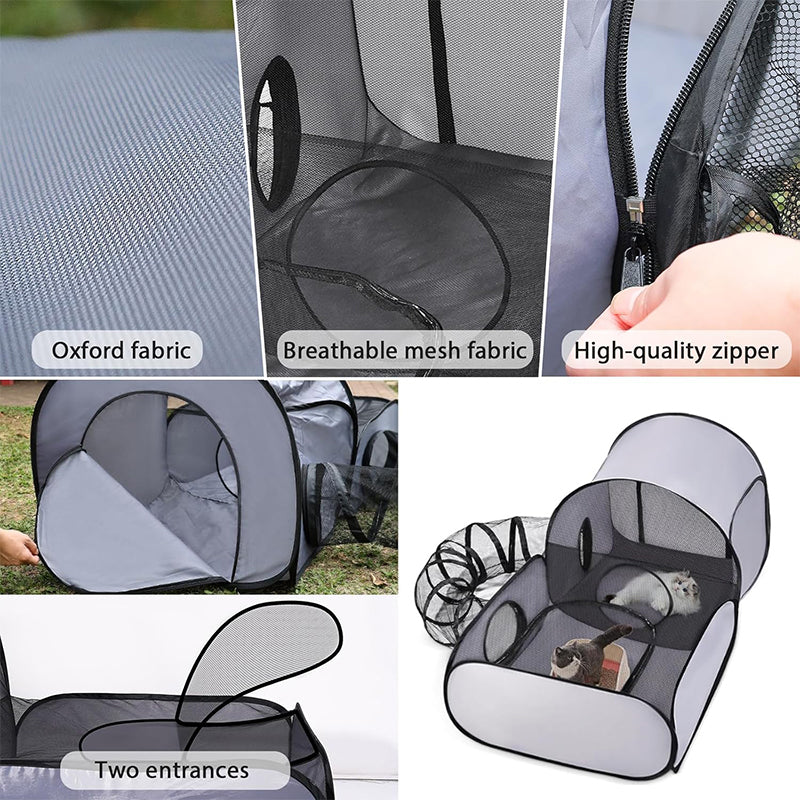 Gray mesh pet playpen and tunnel with zipper and breathable mesh fabric panels.