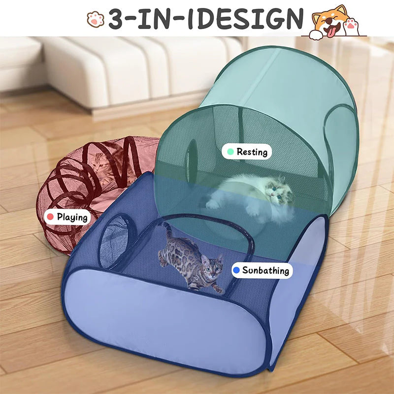 Gray and dark mesh pet playpen with tunnel, resting pet inside.