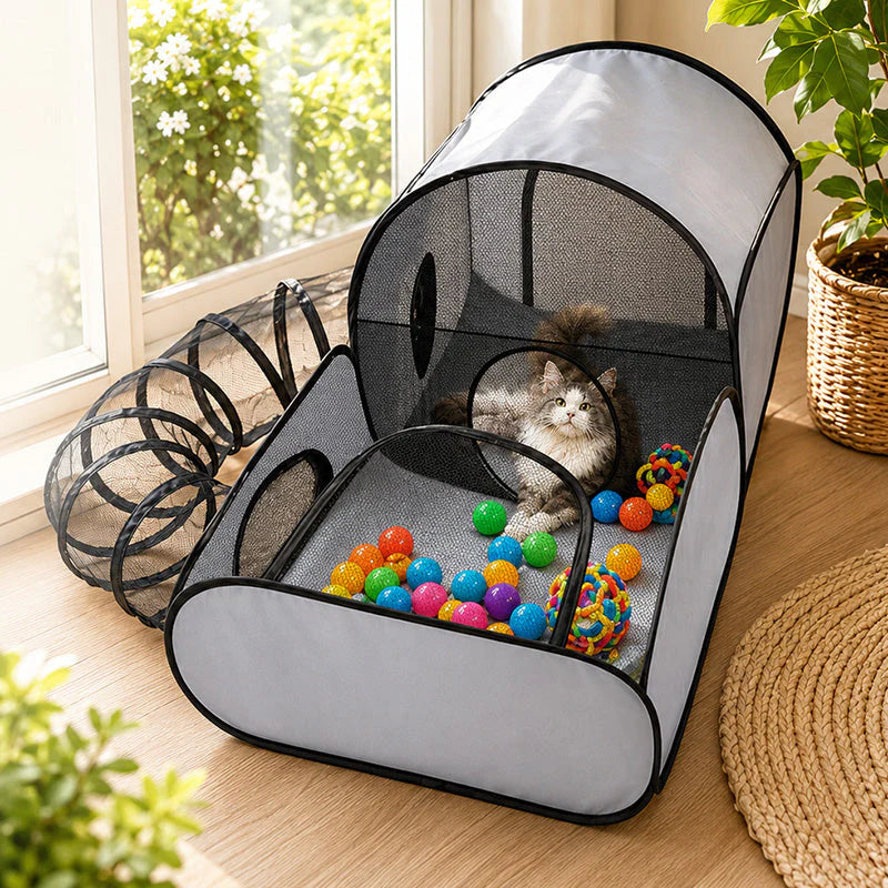 Gray mesh pet playpen with tunnel, cat playing among colorful balls.