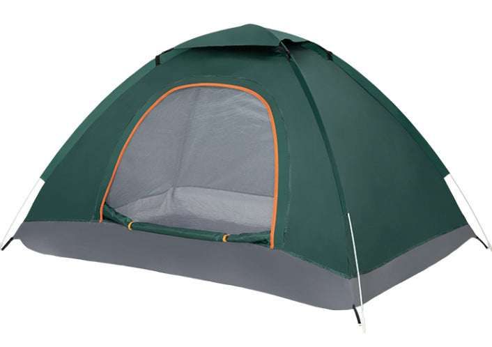 Pop-up camping tent in dark green with orange-trim doorway